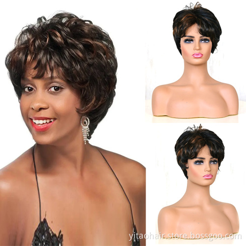 2021 Amazon Pixie Cut Synthetic Wig Brown Blend Black Short Wig with Bangs Wavy Highlight Wigs for African American Natural Hair